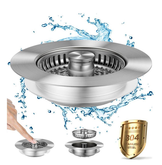 3-in-1 Kitchen Sink Drain Strainer, Stainless Steel Sink Plug, Deodorizing Anti-Clog Basket Strainer for US Standard 3-1/2 Inch Drains